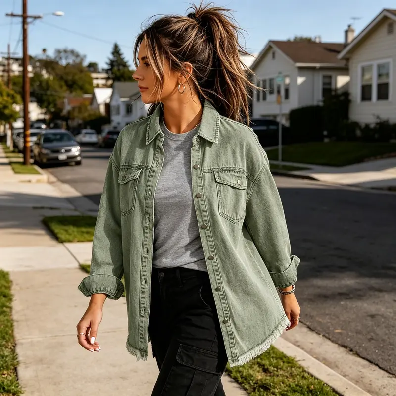 Women’s New Shirt‑Style Jacket, Trendy Street‑Style Outerwear With Frayed Hem, Fashion Casual Coat For Fall & Winter
