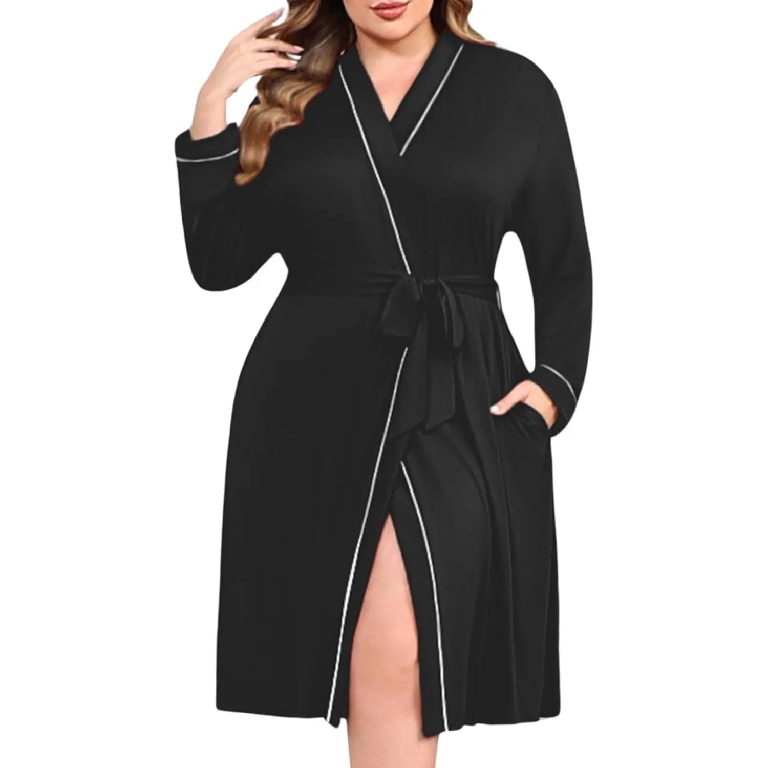Women's Plus Size Long Sleeve Kimono Robes - Casual Belted Lightweight Bathrobe, Soft Pajama Style Loungewear with Pockets for Maternity (1X-5X), Ideal Gift