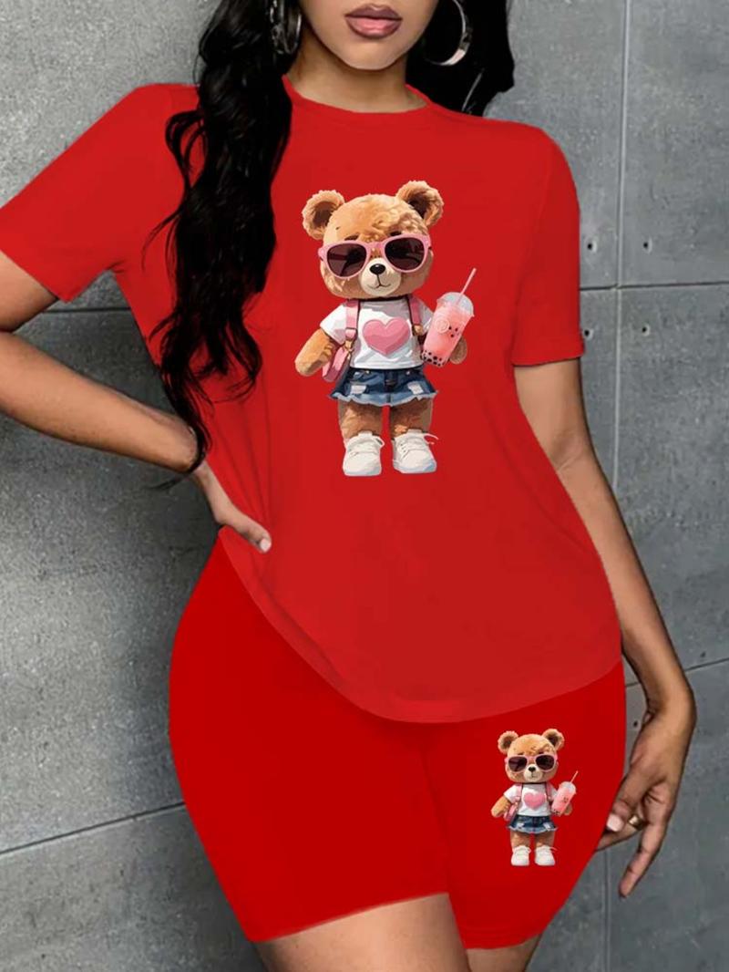 Two-Piece Set Women's Cartoon Bear Print Short Sleeve T-shirt & Skinny Shorts Set, Round Neck Tee & Shorts for Summer, Lady Outfits for Daily Wear