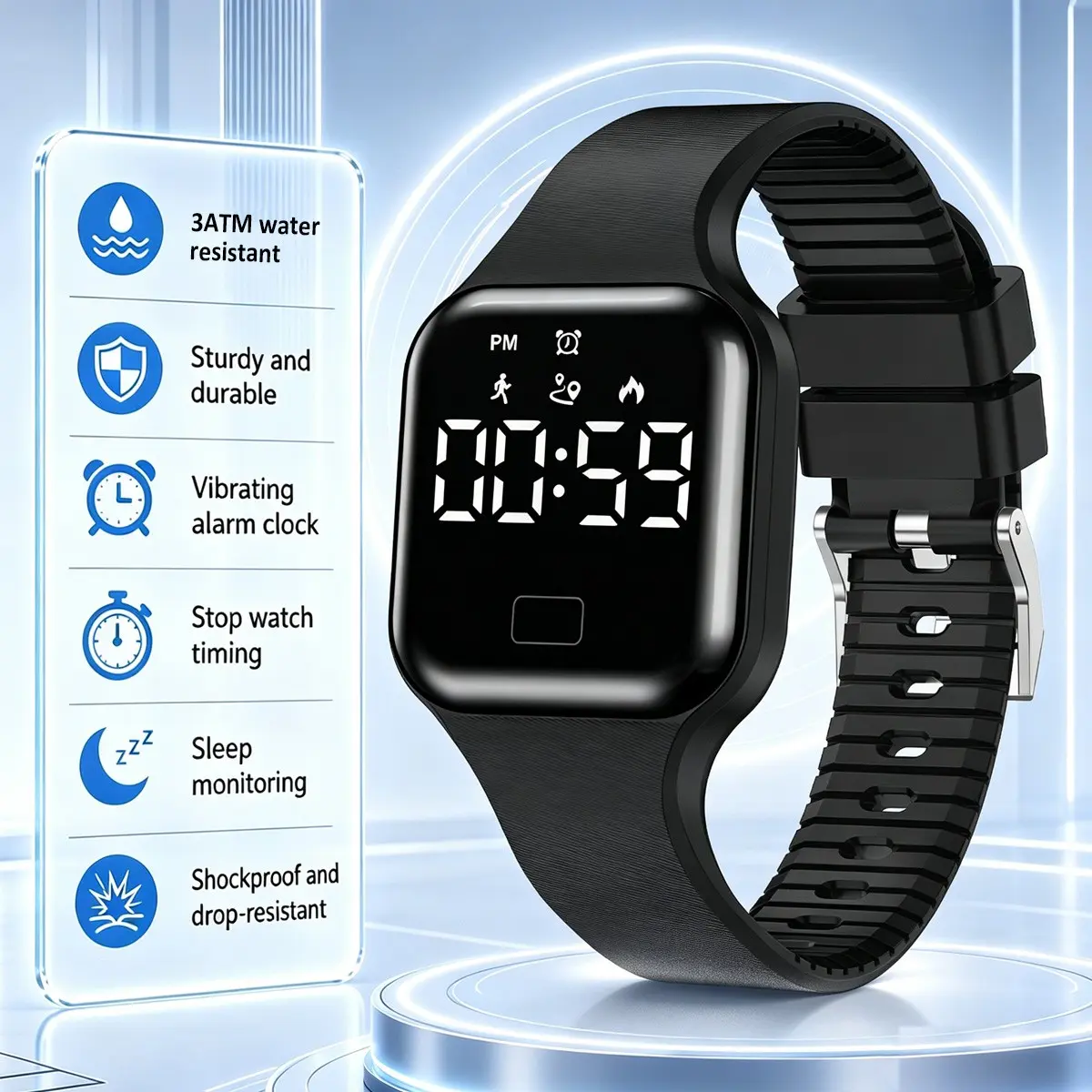 Waterproof digital watch, Minimalist sports digital watch for teen boys and girls. Boasting a 1.77-inch LED screen and 30M water resistance for swimming, it features stopwatch, vibration alarm, pedometer, sleep monitor, calorie & mileage tracking