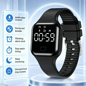 Minimalist sports digital watch designed for teen boys and girls. Boasting a 1.77-inch large LED screen and 30M water resistance for swimming, it features stopwatch, vibration alarm, pedometer, sleep monitor, calorie & mileage tracking, lift-to-wake