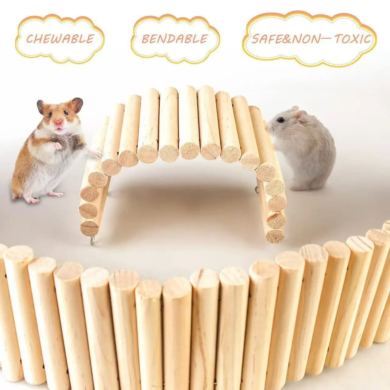 Hamster Landscape Play Set, Wooden Arch Bridge & Climbing Soft Ladder Fence Enclosure, Small Pet Cage Decor Toy for Hamsters & Syrian Hamsters
