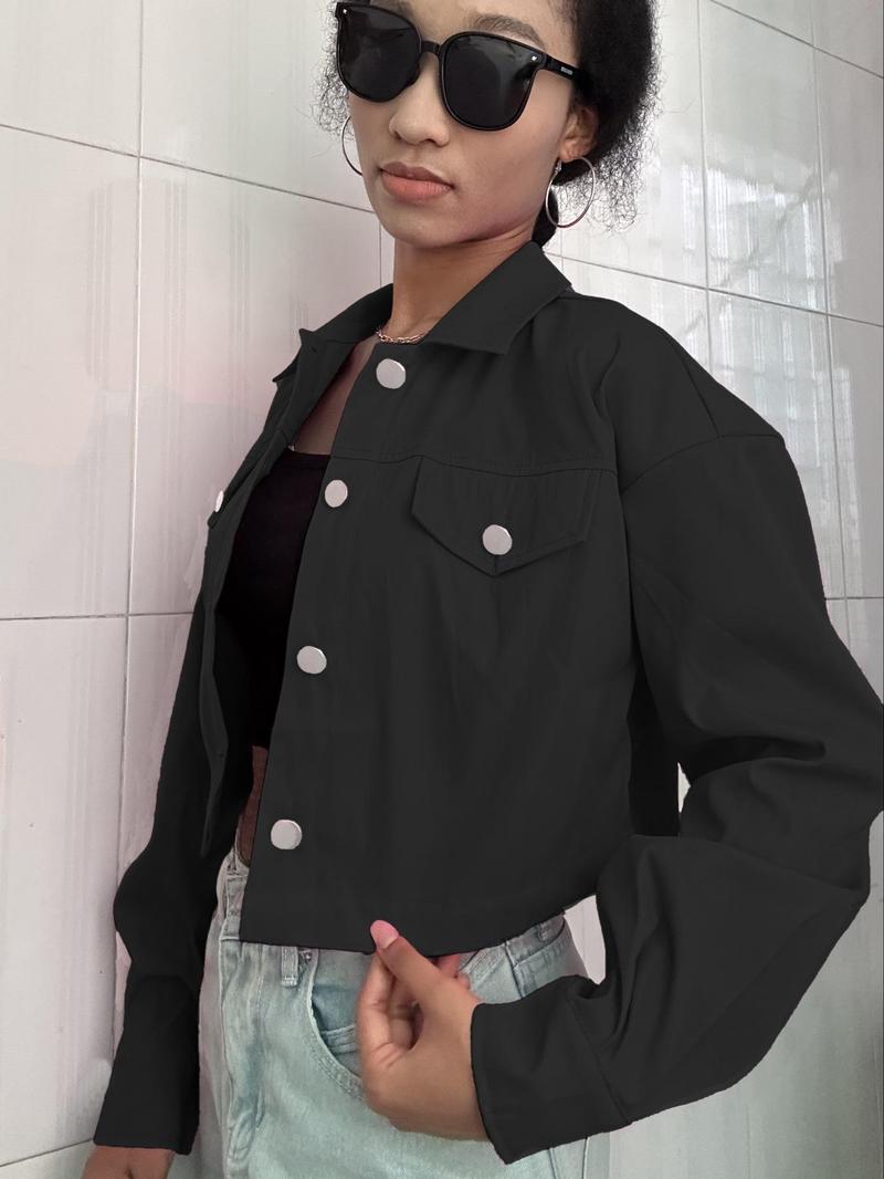 Women's Solid Button Front Drop Shoulder Crop Jacket, Casual Long Sleeve Collared Coat Outerwear for Fall & Winter, Ladies Clothes for Daily Wear