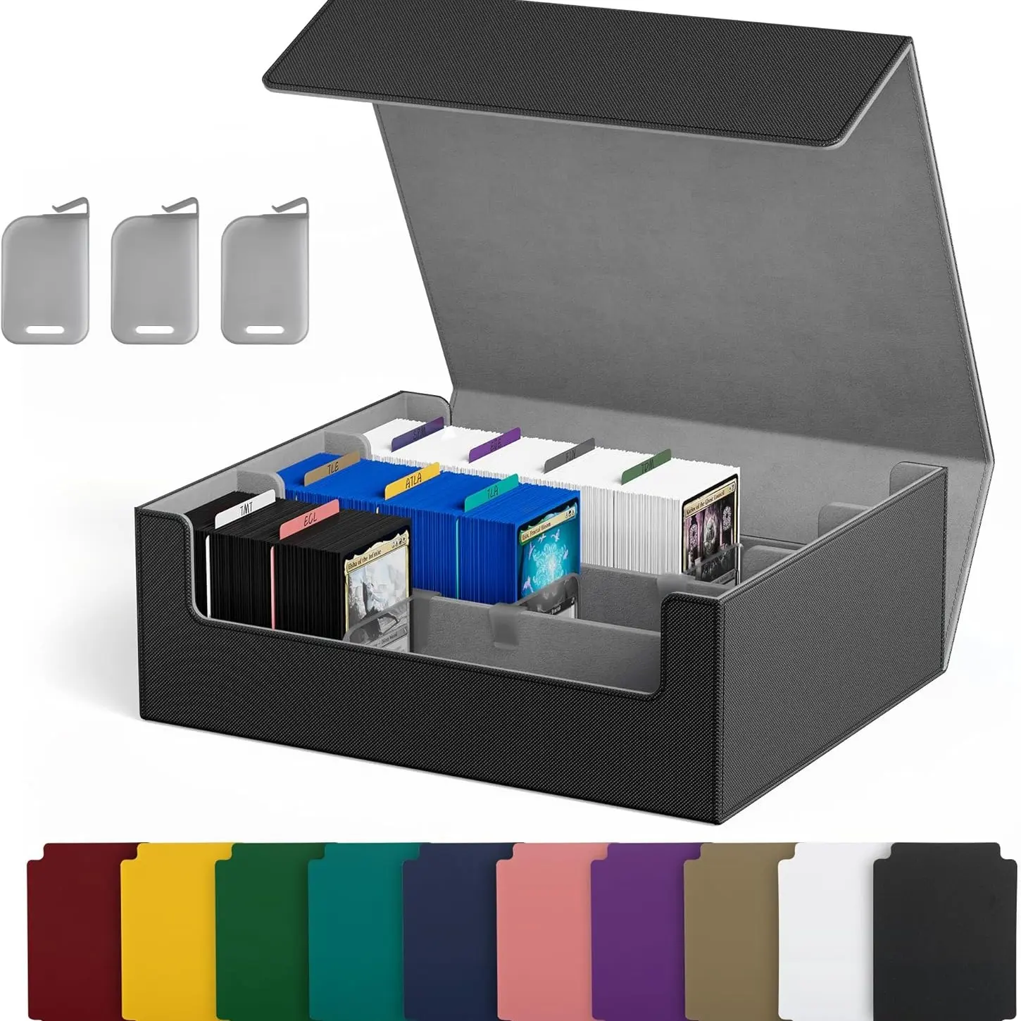 Collectible Card Storage Box, 1800+ Cards PU Leather Magnetic Clip Organizer, 10 Dividers & 3 Foam Slots, Ideal for Magic, Sports Cards