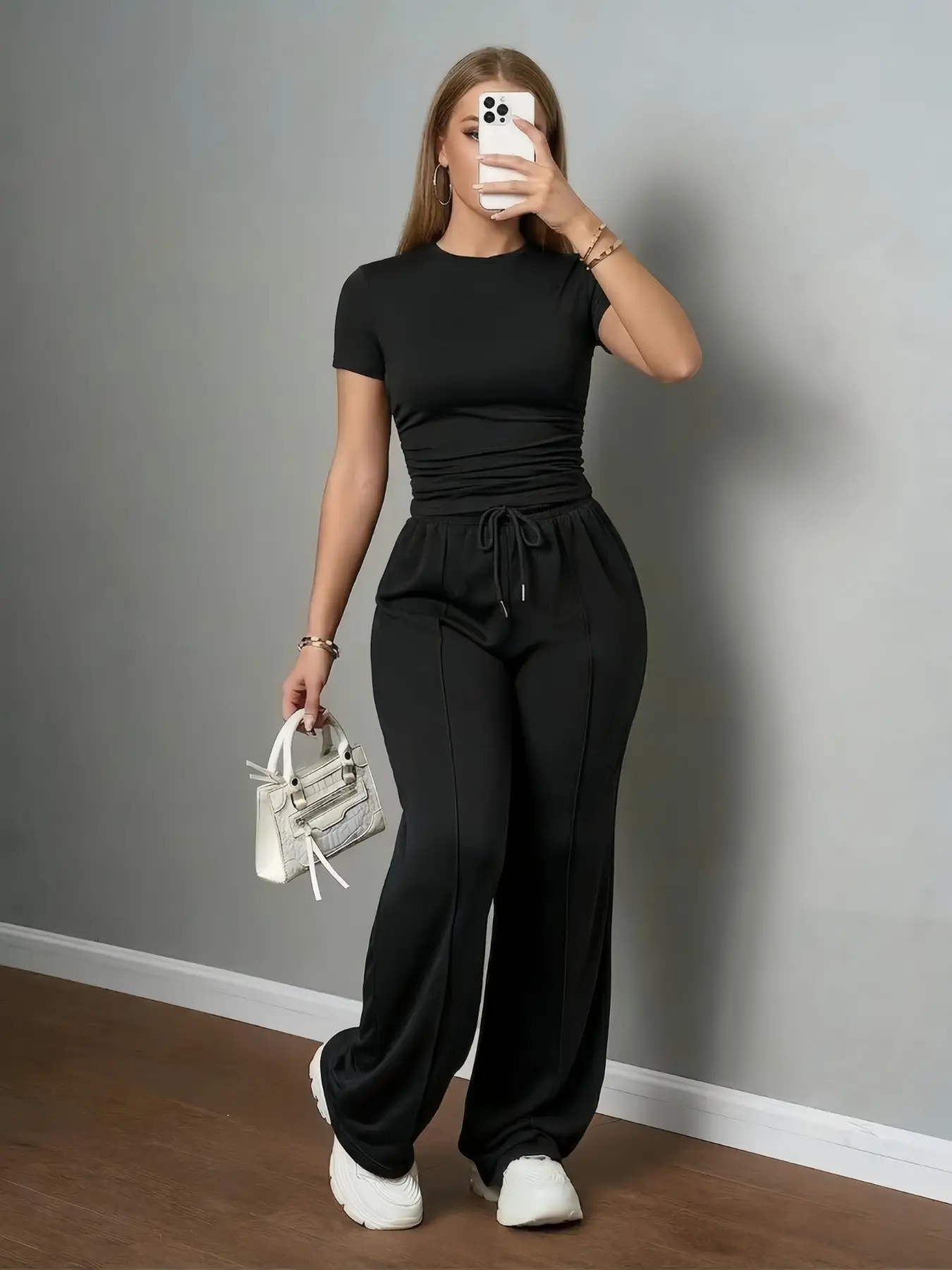 Women's Casual Two-Piece Set, Athleisure Outfits, Casual Activewear Set, Plain Round Neck Slim Fit Short Sleeve T-Shirt & Drawstring Straight Leg Pants, All Seasons Sportswear
