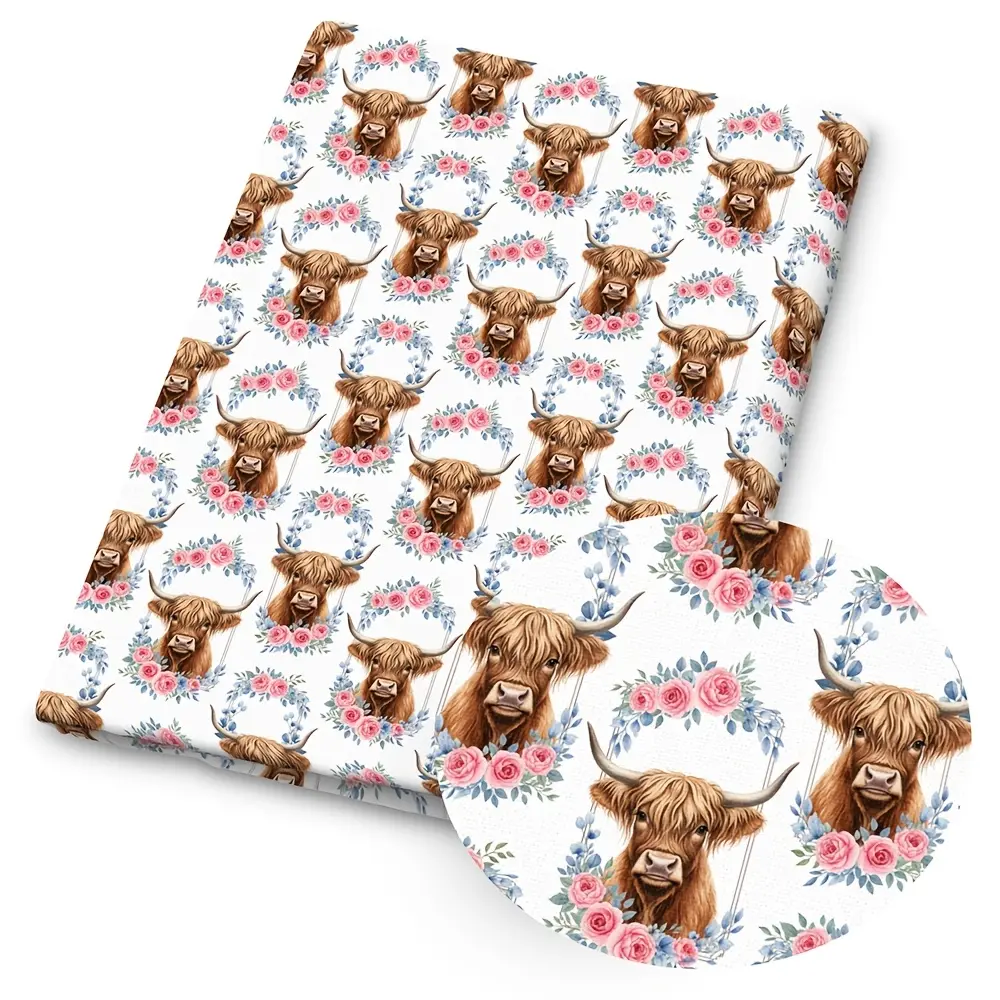 1pc Highland Cow Floral Print Cozy Fabric - 59 X 19.68 Inches (150 X 50cm) Pre-cut Polyester Fabric with Cute Highland Cow Patterns - Suitable for DIY Sewing, Scrapbooking, Tablecloths and Crafts