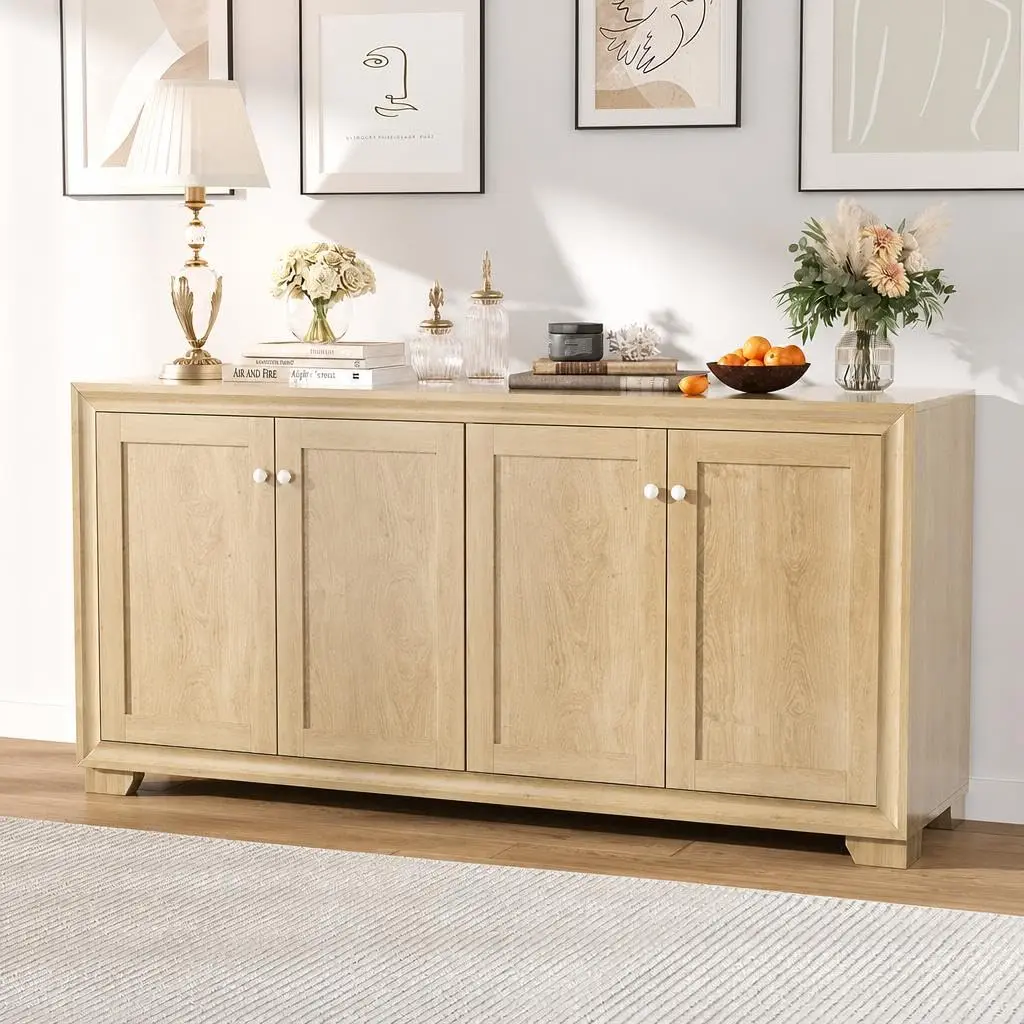 Modern Farmhouse Buffet Sideboard Cabinet – 60" Storage Console Table with 4 Doors, Adjustable Shelves, Durable Wooden Build for Dining Room, Kitchen, or Living Room