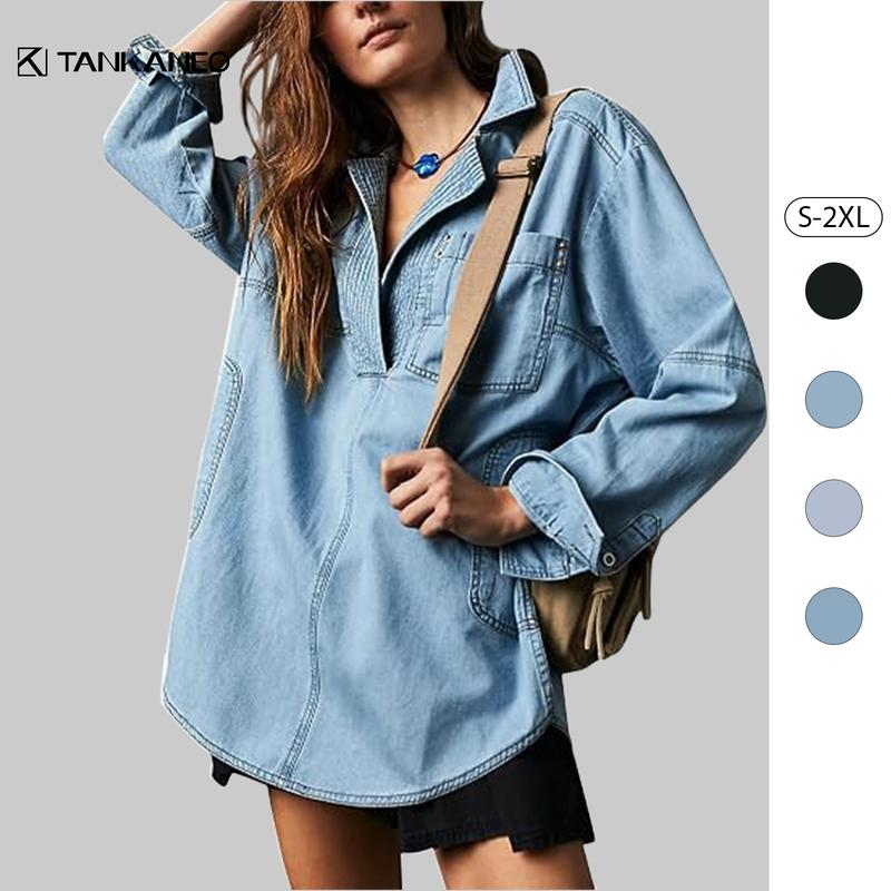 Tankaneo Women's Denim Blend Pullover Top - Long Sleeve, Loose-Fit, Button Front Design, V-Neck, Pull-On, Pocketed Casual Blouse