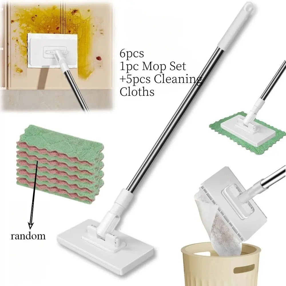 Mini Cleaning Mop Set with 5 Replacement Cloths, Reusable Mop Pad, Reusable Flat Dust Mop, 360° Rotating Design, Dry Wet Use, Ideal for Home Cleaning