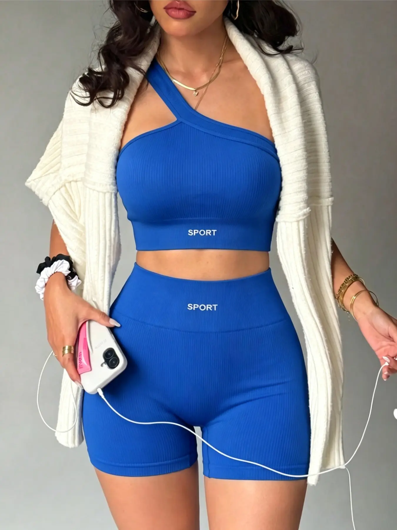 Seamless Yoga Set, Asymmetrical Shoulder Straps, High Waist, Above Knee, Sporty Style, Sleeveless, Plain Pattern, All Seasons