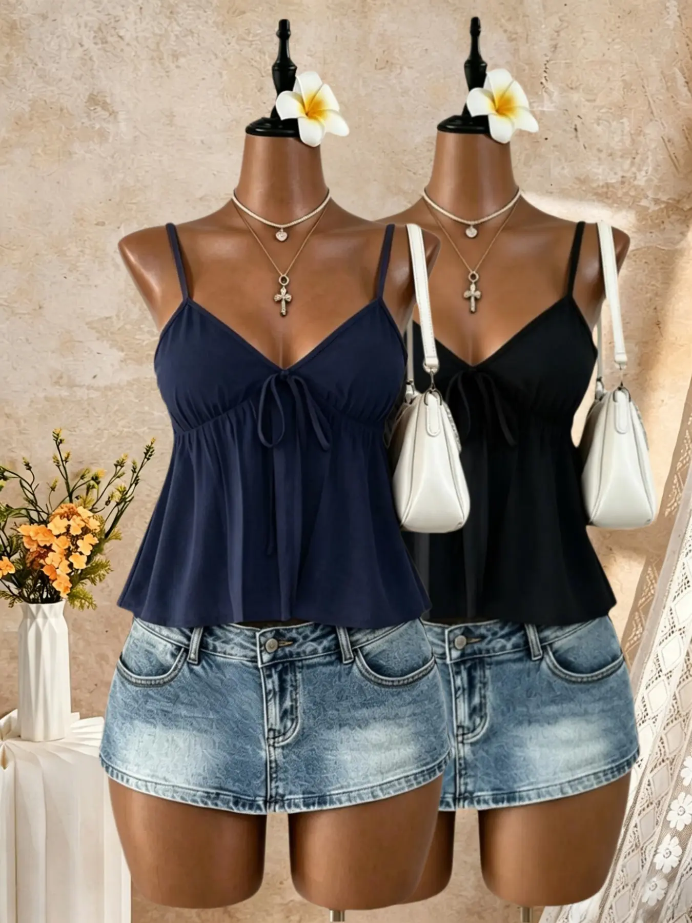 Two-Piece Front Tie Adjustable Halter Top Set, Slim-Fitting V-Neck Polka Dot Blouse, Chic Millennial Aesthetic Flowing Hem, Casual Streetwear Undergarment
