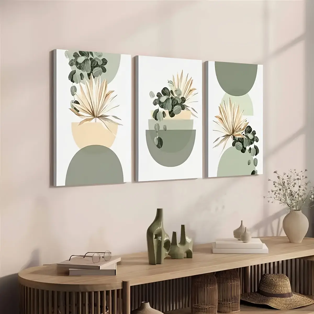 3pc Framed Bohemian Sage Green Abstract Minimalist Plant Print - Medieval Modern Home Wall Decor