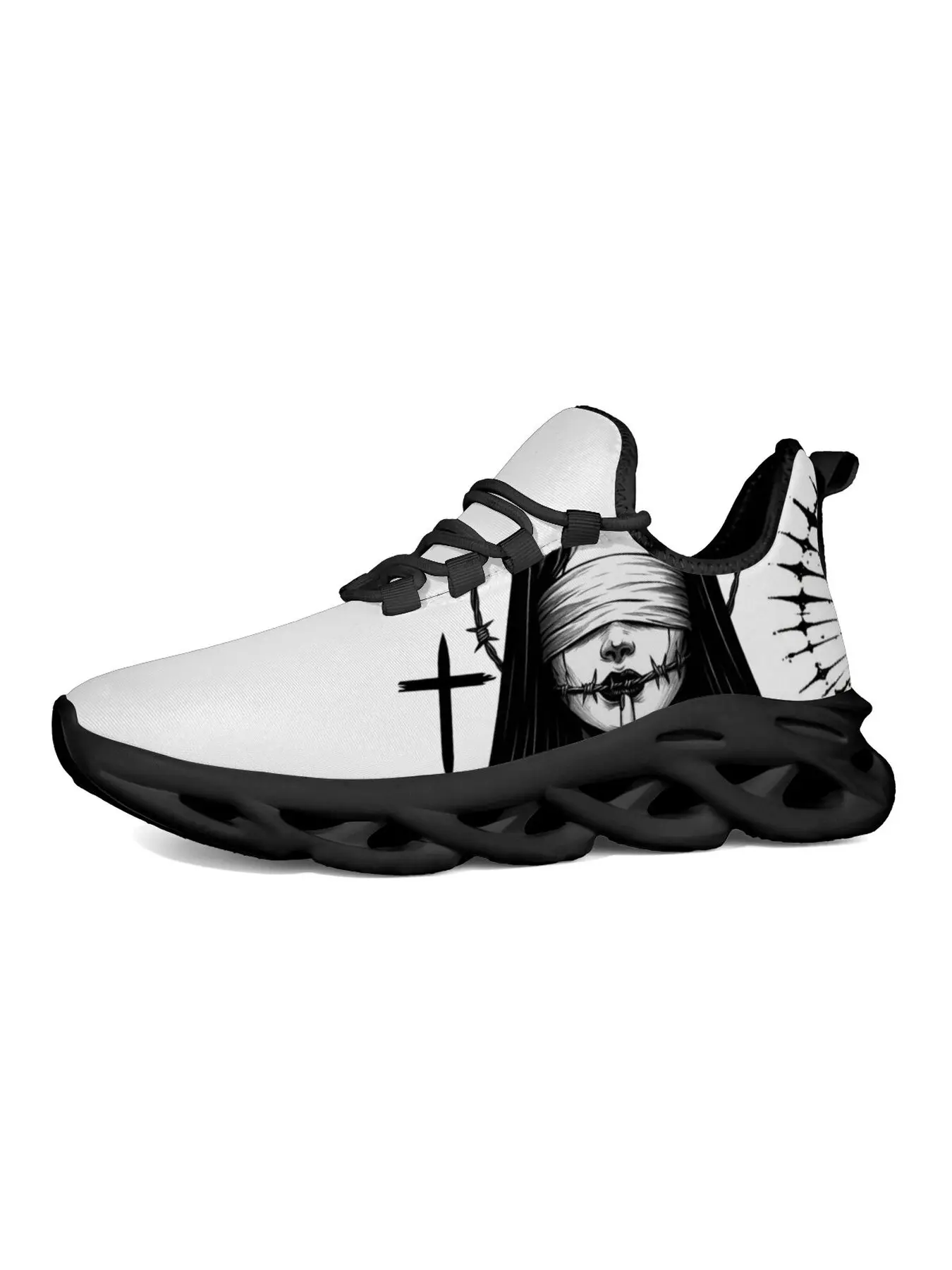 Alternative Gothic Nun Print Running Shoes, Men Women Dark Creepy Barbed Wire Thorn Cross Pattern Sneakers, Breathable Mesh Upper Lightweight Cushioned White Blade Sole Casual Walking Shoes Streetwear Party