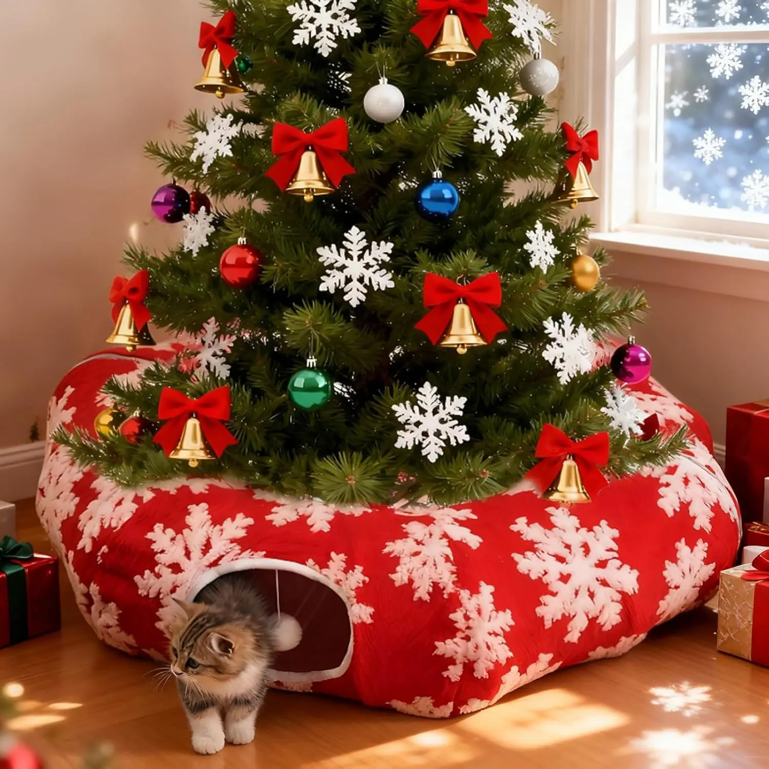 Tunnel Christmas Tree Skirt,Christmas Tree  Tunnel for Indoor Cats, Tunnels Tree Skirt,Soft Peekaboo Hideway Bed Cave Donut Toys Circle Tunnels for Kittens & Large Cats (Red)