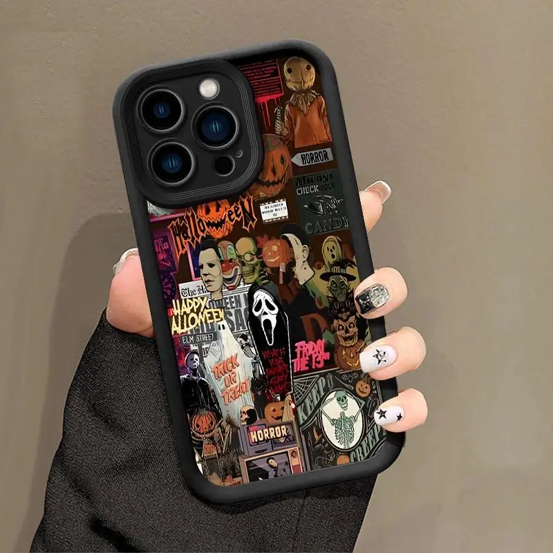 Vintage Horror Halloween Pattern Phone Case , Soft Silicone Tpu Protection and Shockproof For iPhone 17 16 15 Pro Max 14 13 12 11 XSMAX Plus Air 17E Mini Cover, Accessories, Fits Ios