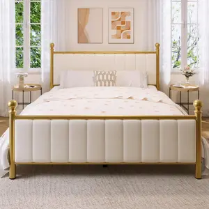 Full/Queen Size Metal Platform Bed Frame With Upholstered Headboard, Mattress Foundation, Under Bed Storage, Easy Assembly, Noise-Free, No Box Spring Needed, White