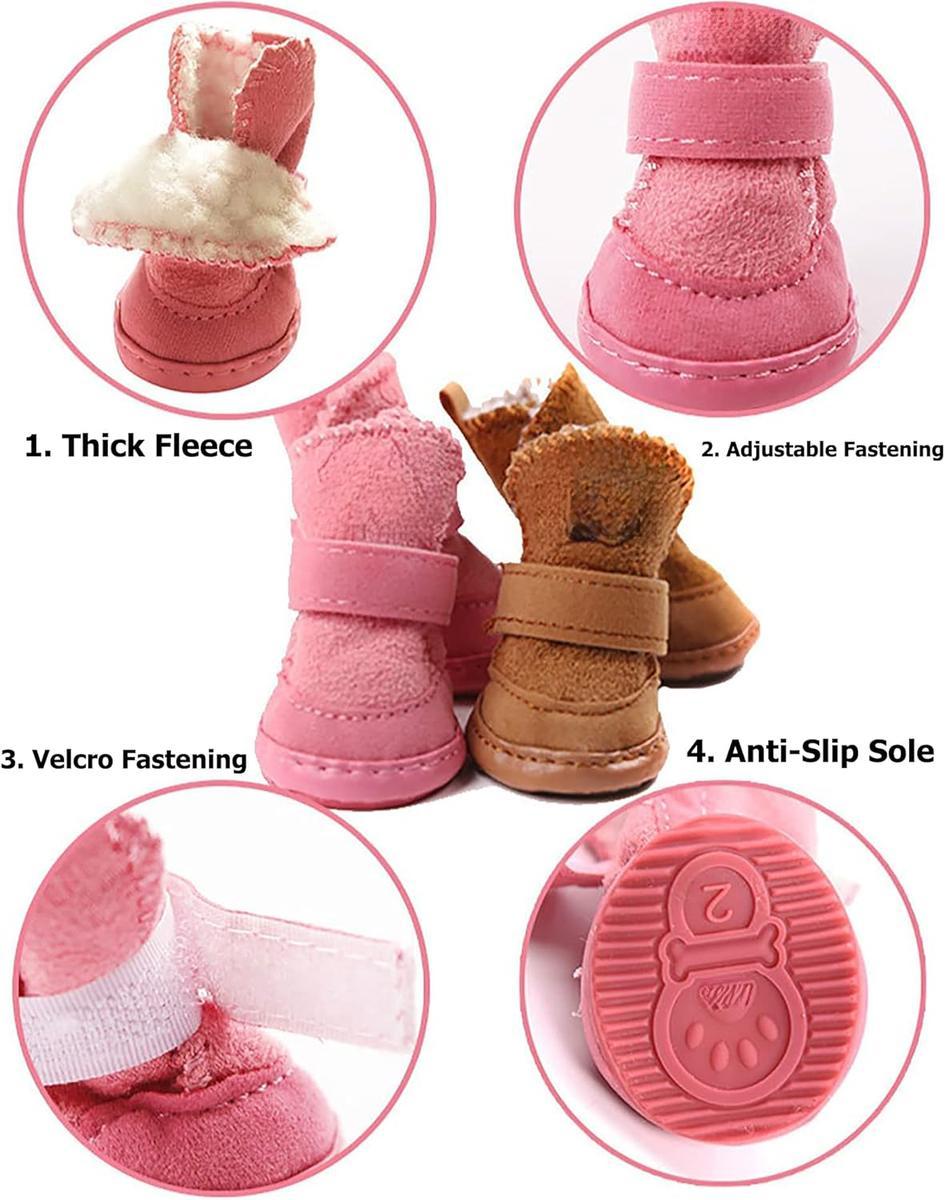 4pcs Plus Fleece Thick Pet Snow Boots Brown Polyester Universal Fit for Small Medium Cats Dogs Indoor Outdoor Wear Kitten Shoes Winter Outfits