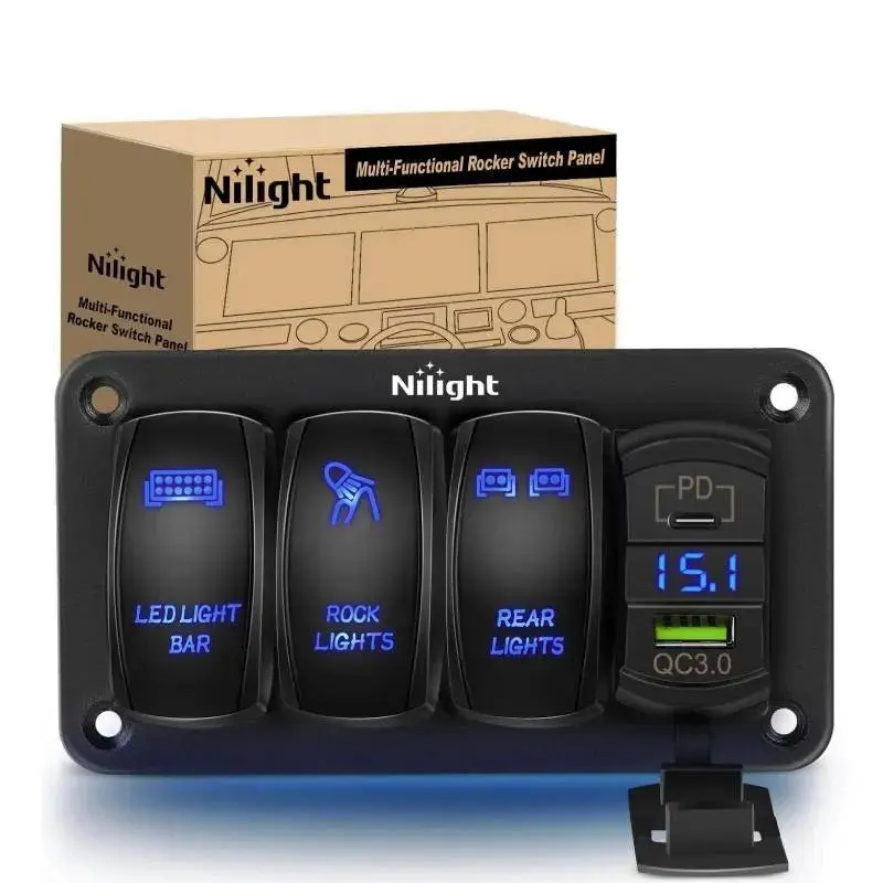 Nilight 3-Gang 5-Pin ON/OFF Rocker Switch Panel with Blue LED, PD Type-C & USB Dual Charging Ports, Voltmeter, 132pc Night Glow DIY Labels, 12v/24v Input for Cars Accessories, Rock Lights