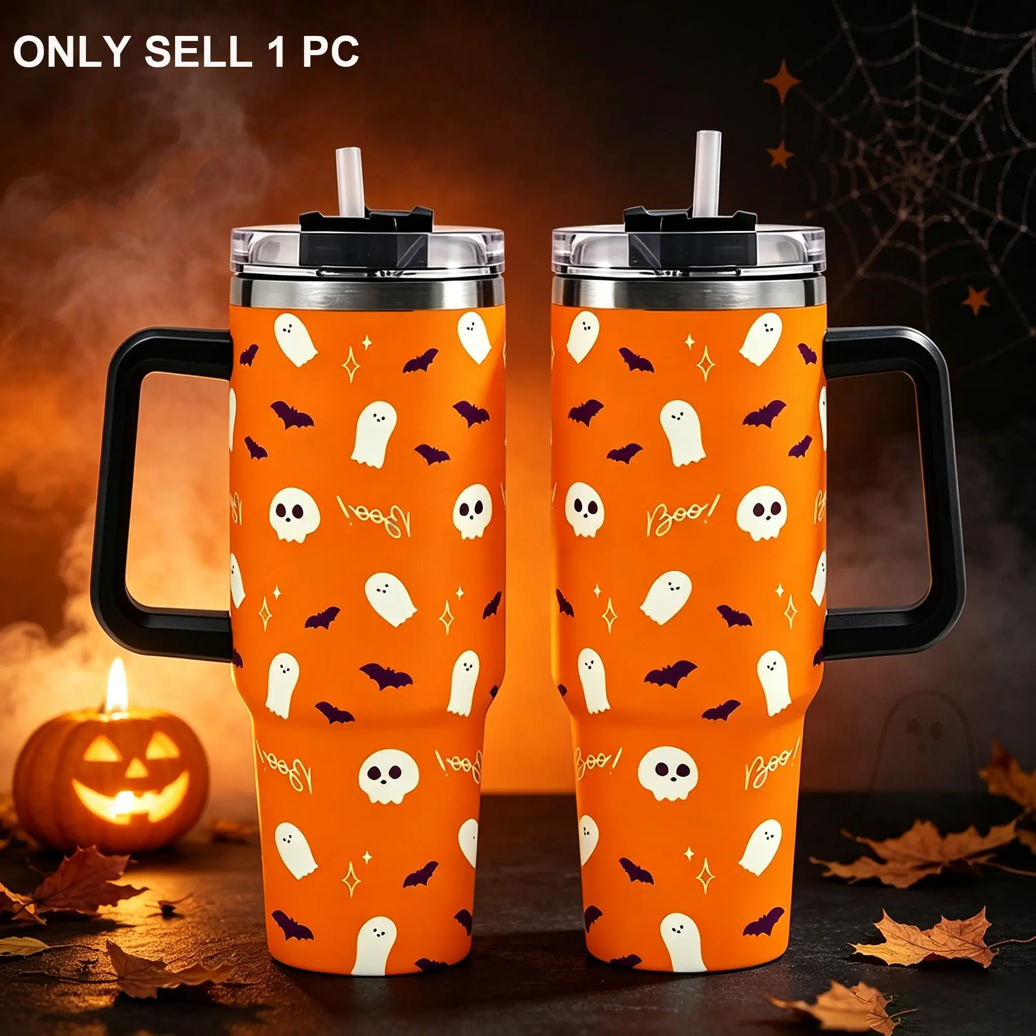 Halloween Ghost And Bat Thermos With Handle, Stainless Steel Drinking Cup, Double‑Layer Vacuum Leak‑Proof Cup, Travel Coffee Mug, Suitable For Holiday Parties, Home And Office Use, Perfect Halloween Gift, Birthday Gift, Halloween Decoration (40Oz)