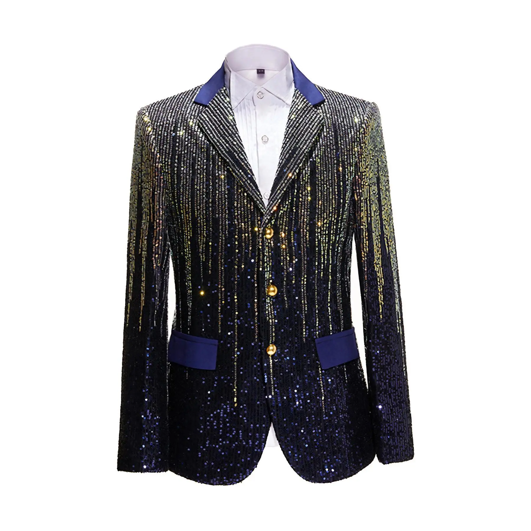 Men's Long Sleeve Luxe Gradient Hot Sequin 2-Piece Slim Fit Suit - Straight Trousers & Sparkly Blazer, Menswear Fashion Formal Attire for Graduation, Stage Shoots, Smooth, Seamless, Pants, Tuxedo, Evening, Fabric, Chic