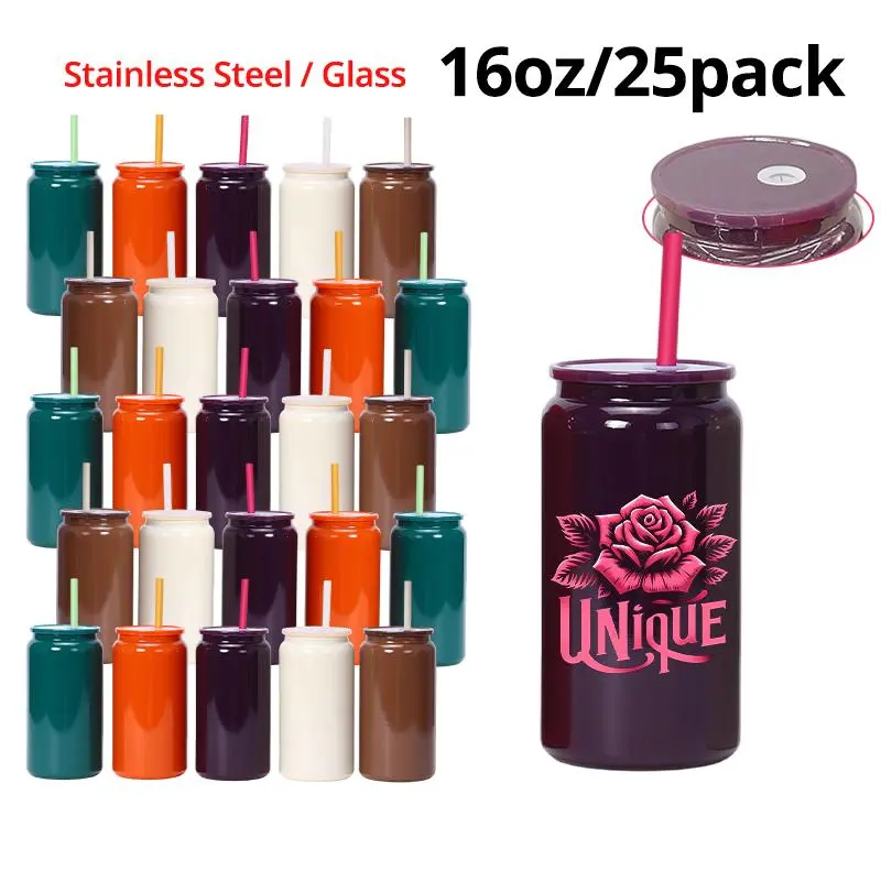 25-Pack 16oz Sublimation Autumn Colored Tumbler Cups - Glass/Stainless Steel Water Bottles, Wholesale Drinkware with Colored PP Lids & Straws, 304 Stainless Steel Tumbler for Back to School