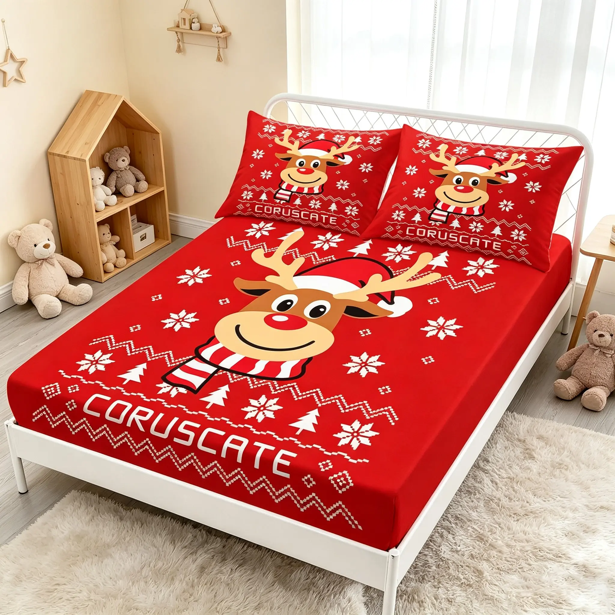 Christmas red cartoon reindeer fitted sheet three-piece set, including fitted sheet 1 and pillowcase 2 (excluding pillow core), suitable for bedroom bedding, with anti-slip mattress protector, all-inclusive for the holiday