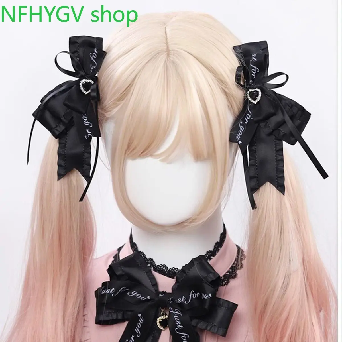 Black Printed Satin Sweet Lolita Bow Hair Pins, Ruffled Edge Barrettes With Rhinestone Heart And Long Streamers, Gothic Hair Accessories Suitable For Anime Cosplay And Everyday Outfits