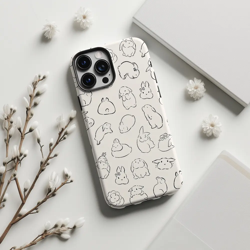 Bunny Phone Case with Cute Rabbit Print, B&W, Fits iOS iPhone Series 17-11 Pro Max, Protective Mobile Phone Cover