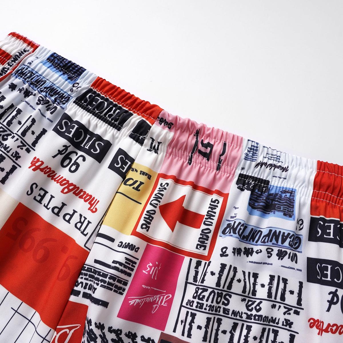 Statement Resort Mens Graphic Collage Print 2 Piece Outfit Loose Fit Drawstring Shorts Set for Vacation Wear and Street Style