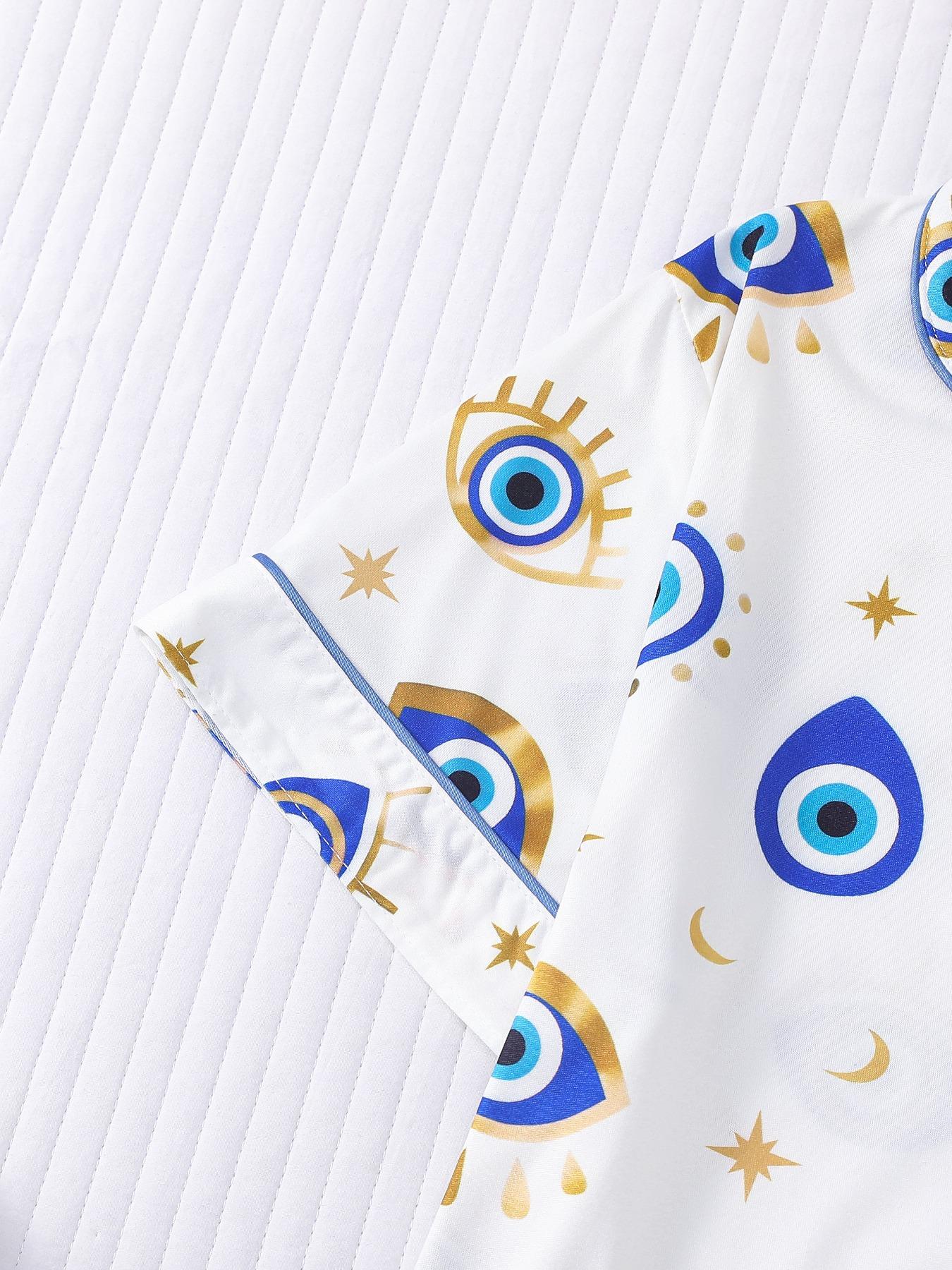 Women's All Over Cartoon Eye Print Short Sleeve Pajama Two-piece Set, Casual Comfy Button Front Chest Pocket Design Lapel Neck Top & Elastic Waist Shorts PJ Set, Ladies Sleepwear for All Seasons, Pajamas, Starlight Pajama Set