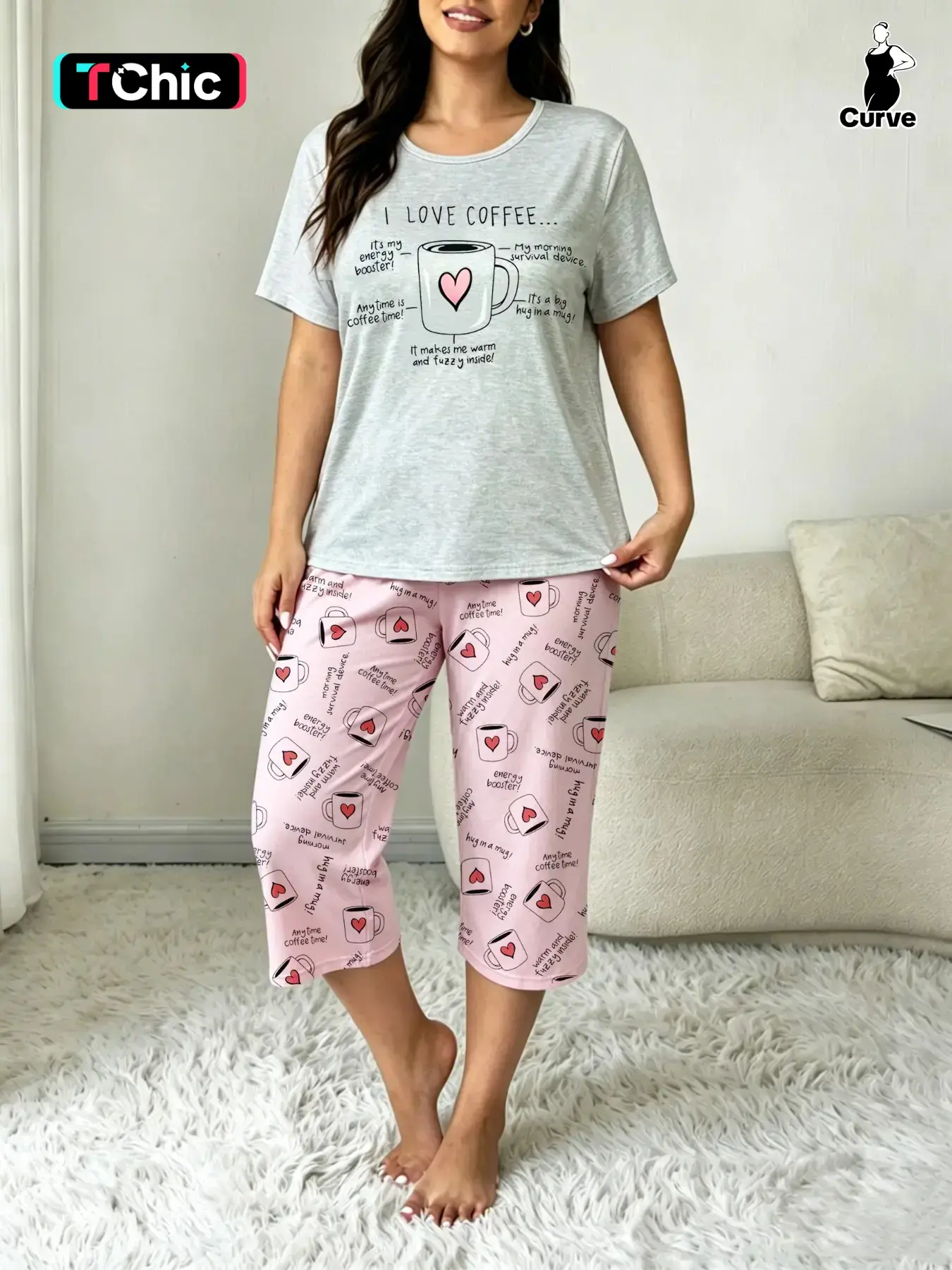 Plus Size Coffee Letter Print Pajama Set for Women, Summer Thin Short Sleeve Seven-Quarter Pants Two-Piece Round Neck Loose Home Wear Set