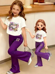 'SIX SEVEN'Girls' Cartoon Print Round Neck Short Sleeve T-Shirt and Bell Bottoms Set, Comfortable Elastic Waist Pants, Spring Summer Casual Wear