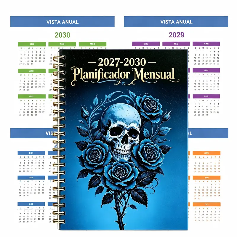 2027-2030 monthly planner in Spanish, A5 size, 124 pages of high-quality paper, gradient-colored inner pages, Gothic skull and blue rose spiral notebook, includes annual overview, expense tracker, wishlist for Gothic style enthusiasts, goal planning and d