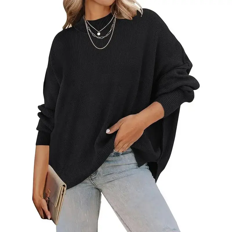 Women's Fall 2026 Casual Long Sleeve Crew Neck Side Slit Oversized Ribbed Knit Pullover Sweater Tops