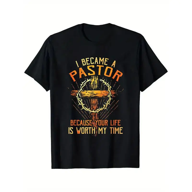 Men's Oversized Christian Pastor Graphic Tees - Menswear Short-Sleeve Round Neck Heavyweight Tee, "I Became a Pastor Because Your Life Matters" Religious Print, Loose Fit, Black, Machine Washable, All-Season Comfort, Casual Wear