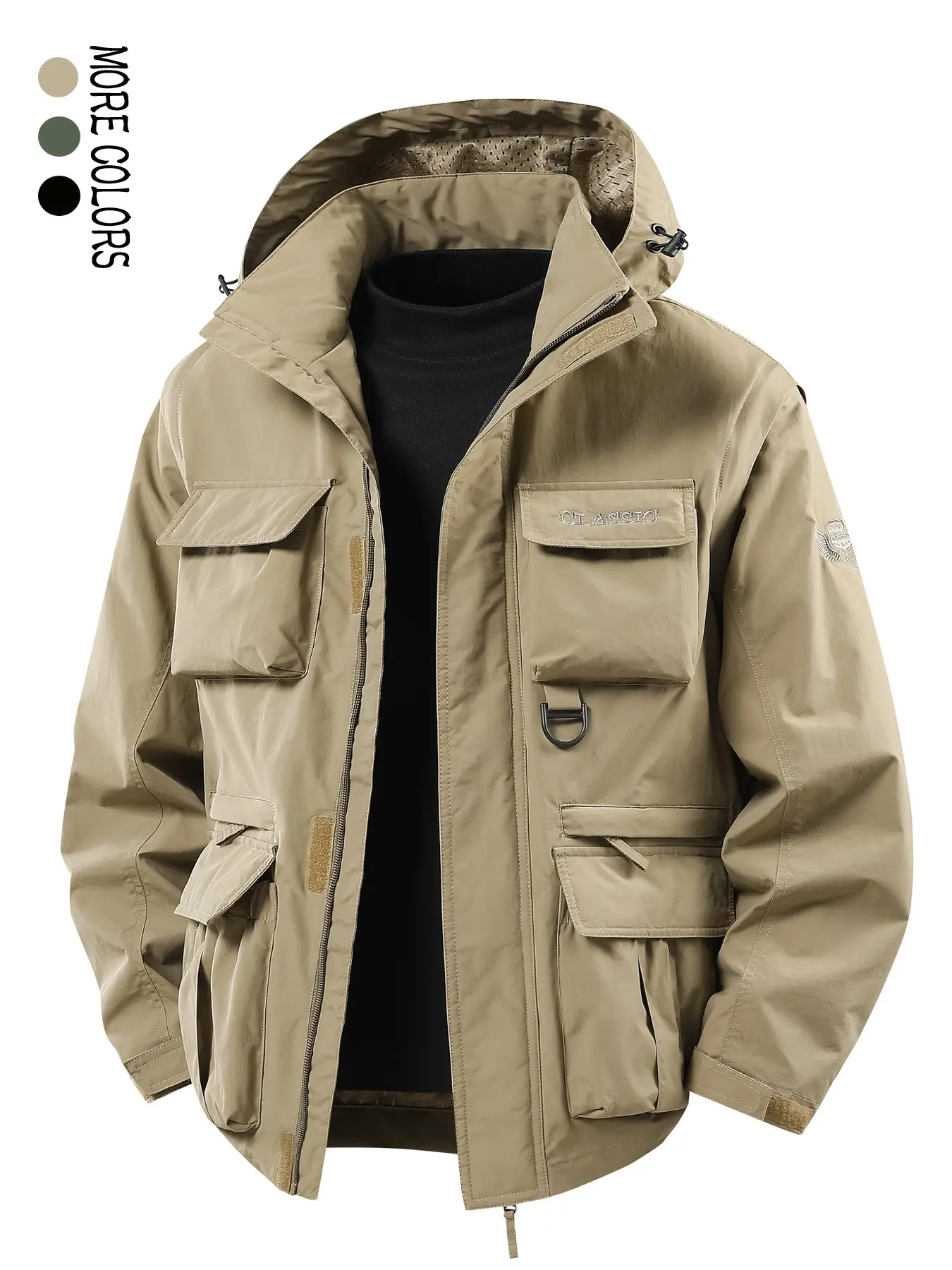 Men's Spring & Fall Detachable Hooded Jacket, Casual Multi-Pocket Workwear Vest, Outdoor Activities, Loose-Fitting, Plain Pattern