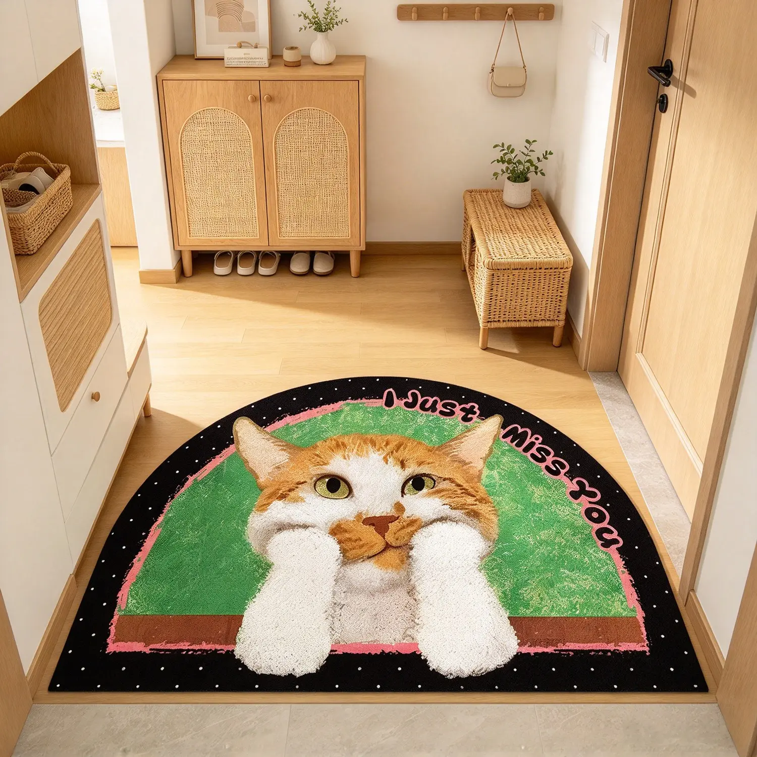 Cute Cat Face Half Circle Rug, Soft Cartoon Illustration Mat, Entryway Living Room Bedroom Kitchen Carpet, Vintage Hand-Drawn Decorative Door Mat, Soft Area Rugs