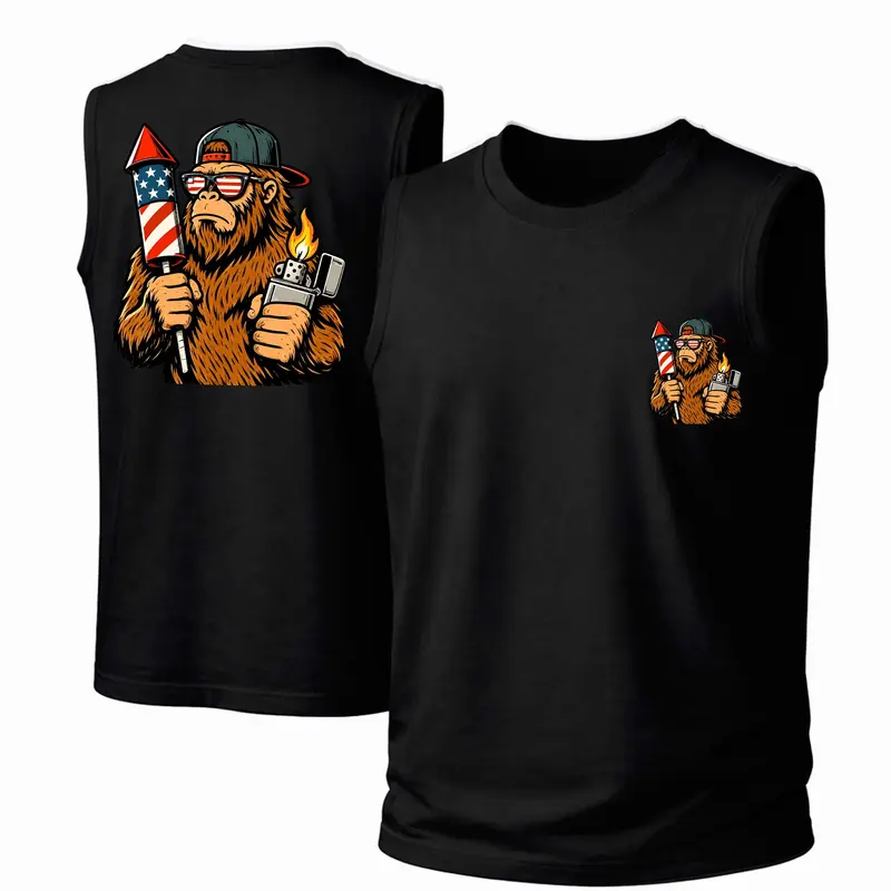 Men's Cotton Sleeveless Tank Top -American Bigfoot Printed Style. This Is A Casual Item Suitable For Both Men And Women, Especially Perfect For Spring And Summer; The Cool Print And Classic Crew Neck Cut