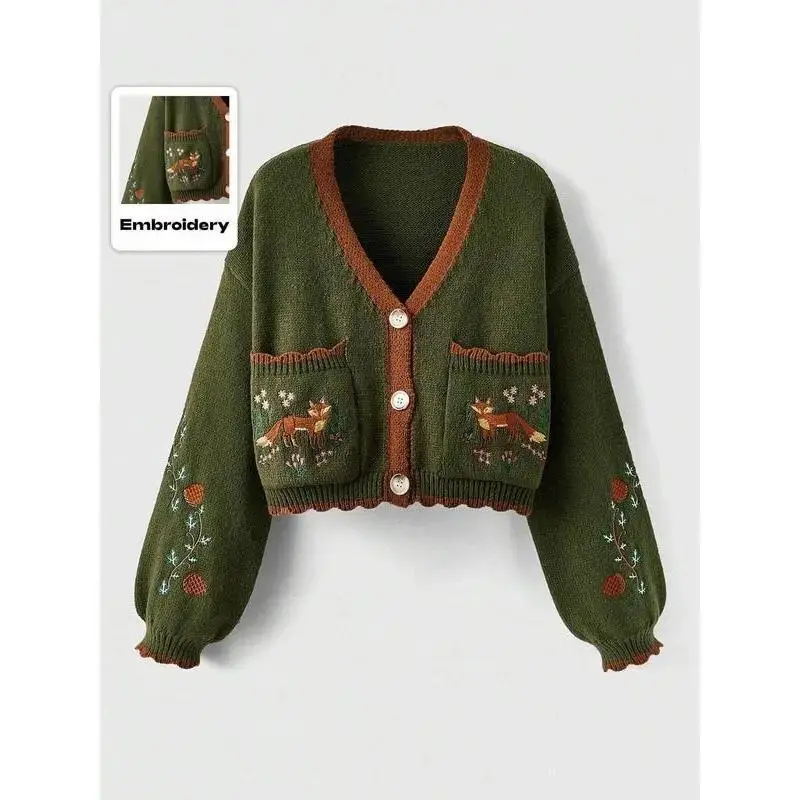 Women's V Neck Button Front Fox Embroidery Pocket Loose Knit Cardigan, Casual Short Sweater for Fall & Winter, Ladies Fashion Outerwear Breathable Floral