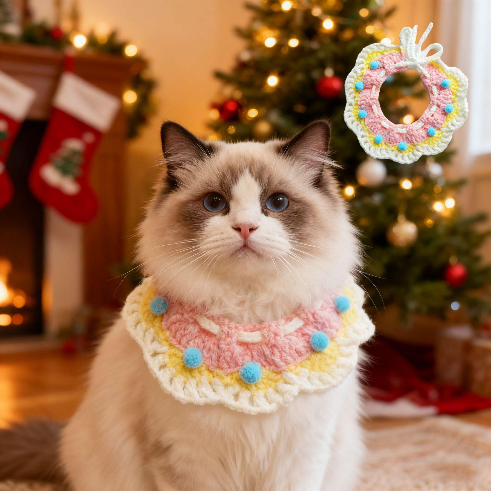 Cat and dog neck scarves, pet Christmas accessories, knitted collars, cute British Shorthair and Teddy designs, cross-border wholesale