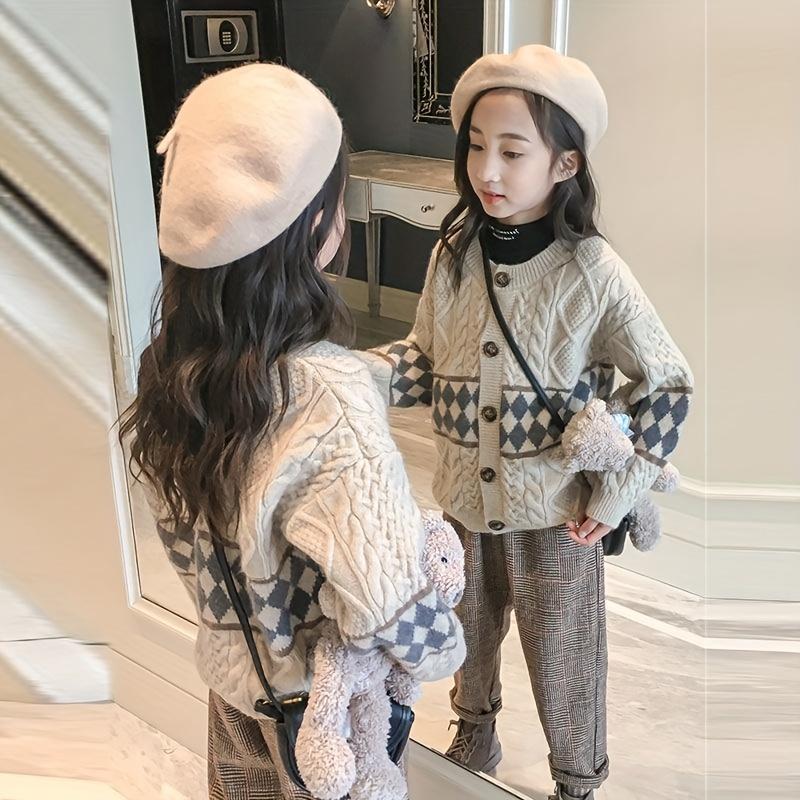 Girls' Sweater Jacket Spring and Autumn New Korean Style Fashionable Casual Knitted Cardigan, Suitable for 3-14 Years Old Girls, Perfect for Daily Wear, Holiday Activities, School, as a Gift, Knitted Cardigan, Sweater Cardigan, Sweater Card