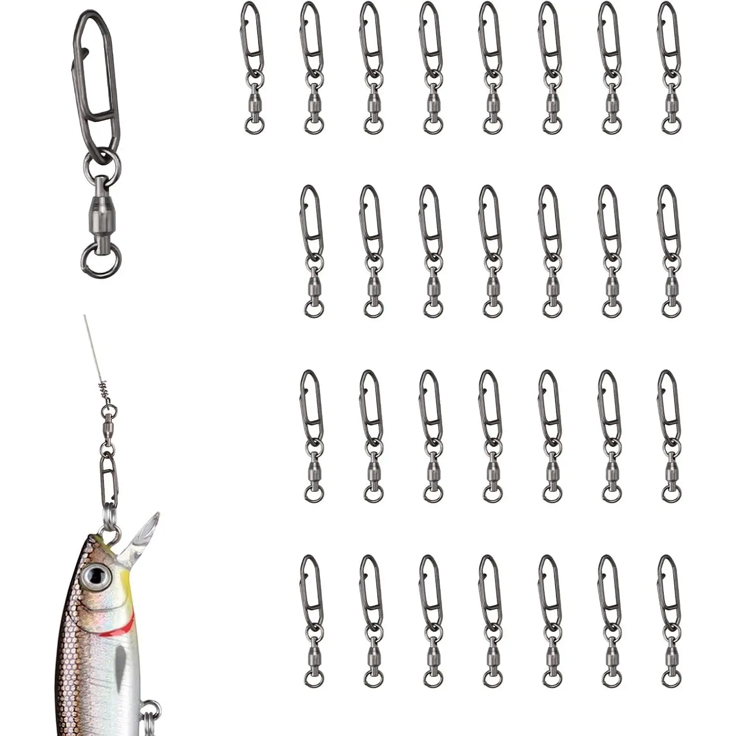 30 Pieces Heavy Duty Stainless Steel Fishing Speed Clips with Ball Bearings Swivel, Quick Change Snap, No Damage to Fishing Line Connector Tackle for Freshwater Saltwater, Ideal for Angler Friends, Polished Surface