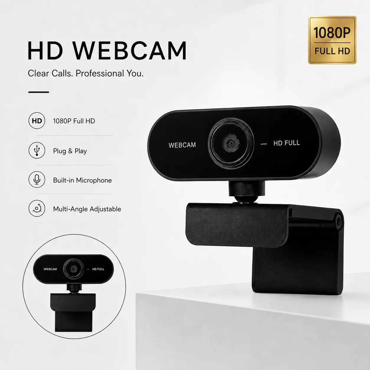 1080P Full HD  Degree Wide Angle USB Webcam, 360° Horizontal & 180° Vertical Adjustable, 1080P Fixed Focus with  Microphone, Compatible with Desktop & Laptop