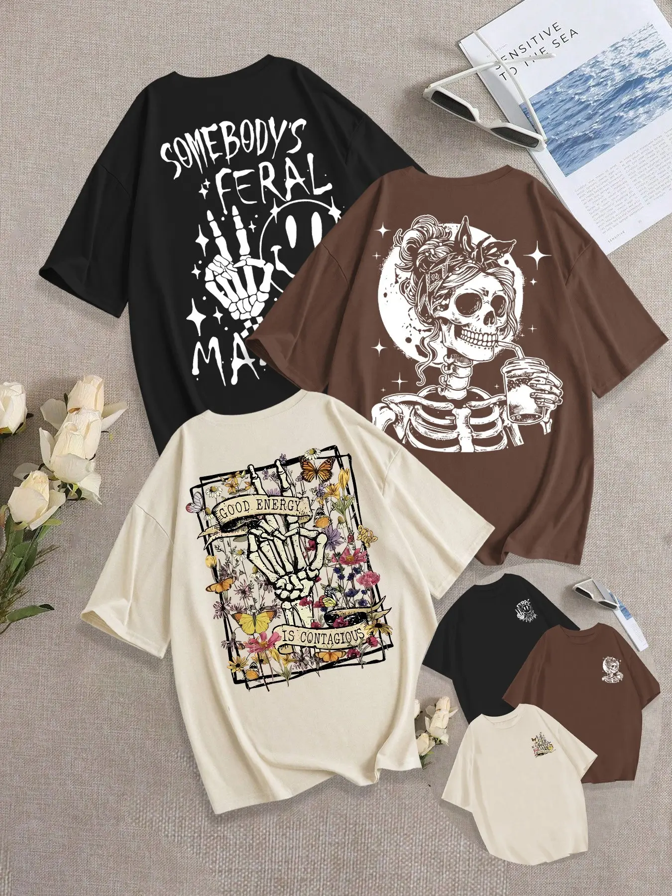 Breathable Casual T-Shirt, Loose Round Neck Design, Skull Woman Print, Perfect for Daily Wear, Fashion Comfortable Versatile Top, Three Pieces Set
