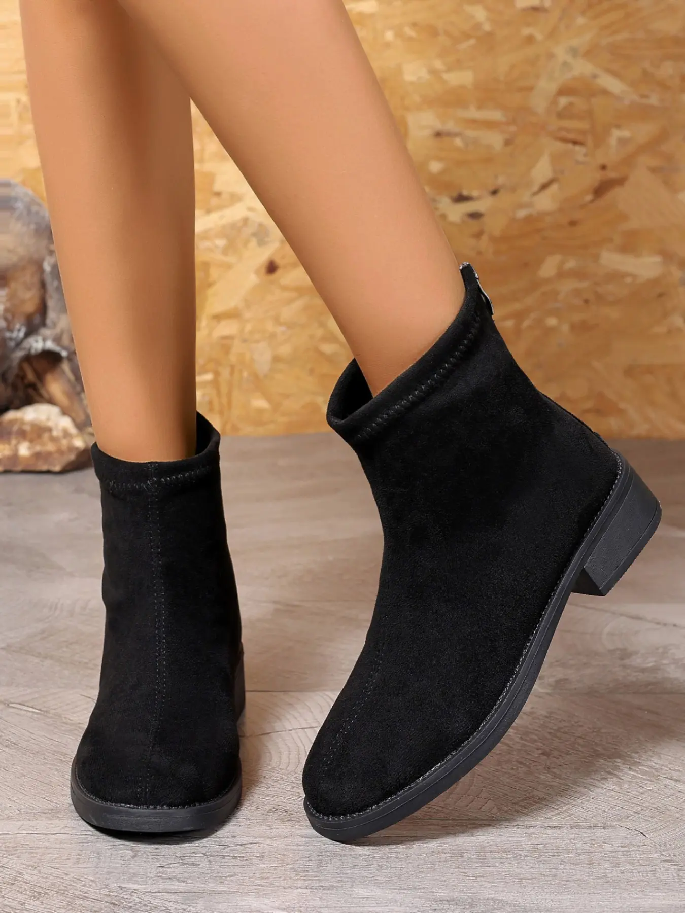 Women's High Elastic Matte Fabric Booties, Slim Fit Shaft, Back Zipper for Easy On/off, Low Chunky Heel, Comfortable Commute Shoes
