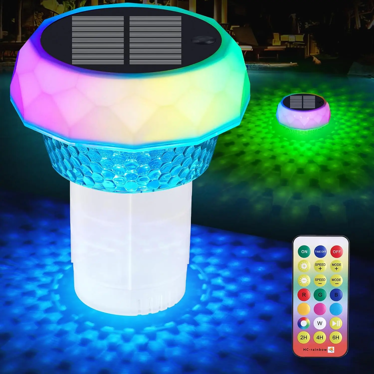 Solar Powered Water-Resistant Floating Chlorine Dispenser with RGB Colorful Induction Lights, Enhanced Lock Buckle, Adjustable Release, Easy-Opening Holder for 4x3in Tablets, Low Power Consumption, 15+ Hour Runtime for Swimming Pools