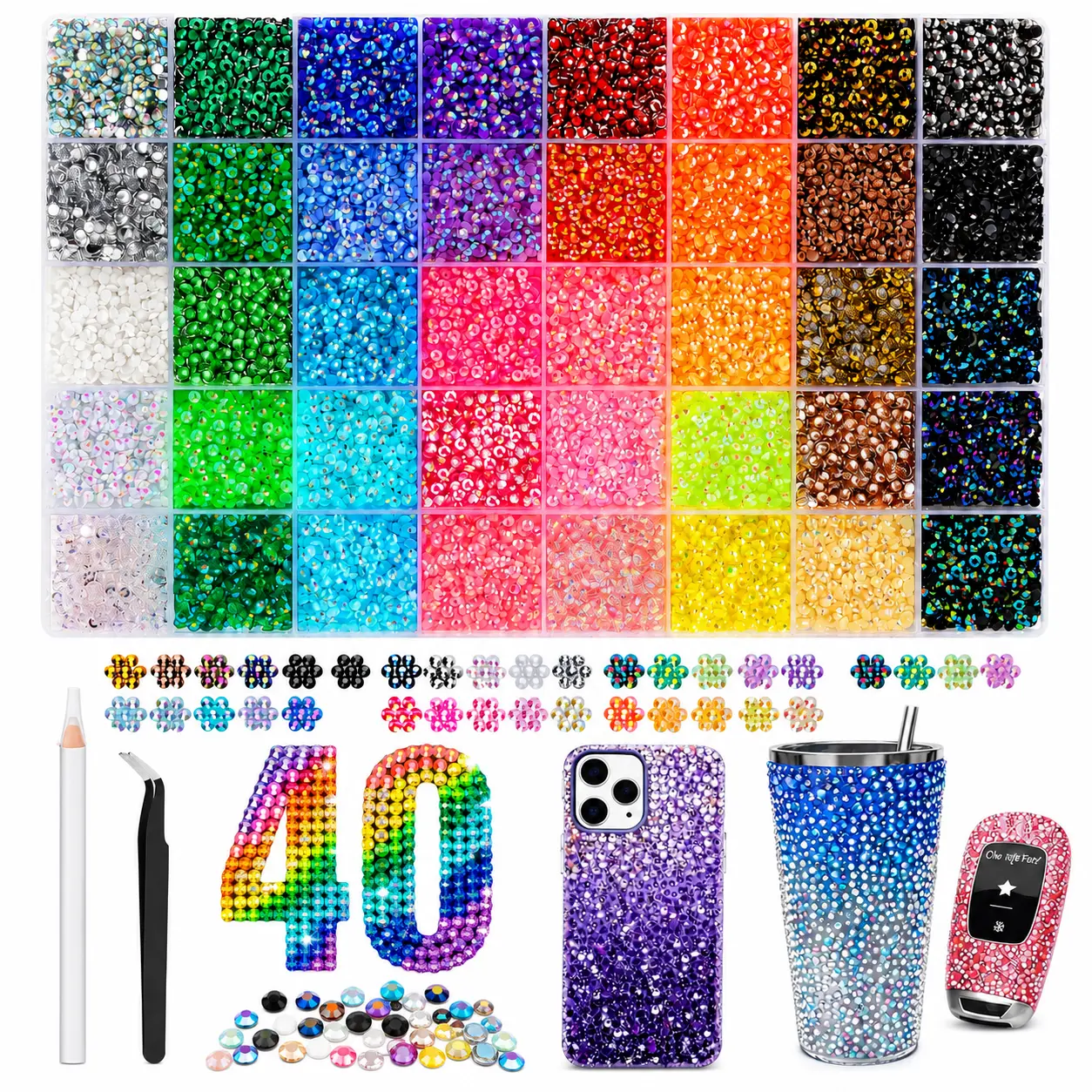 40-Piece Colorful Ab Rhinestone Set, High-Luster Glass Flat Back Studs, Includes Dotting Pen and Glue,Nail Art Rhinestones Flatback Crystals with Adhesive Glue Diamond Painting Handmade DIY Decoration Kit, Bling Rhinestone Decoration  multicolor synthetic