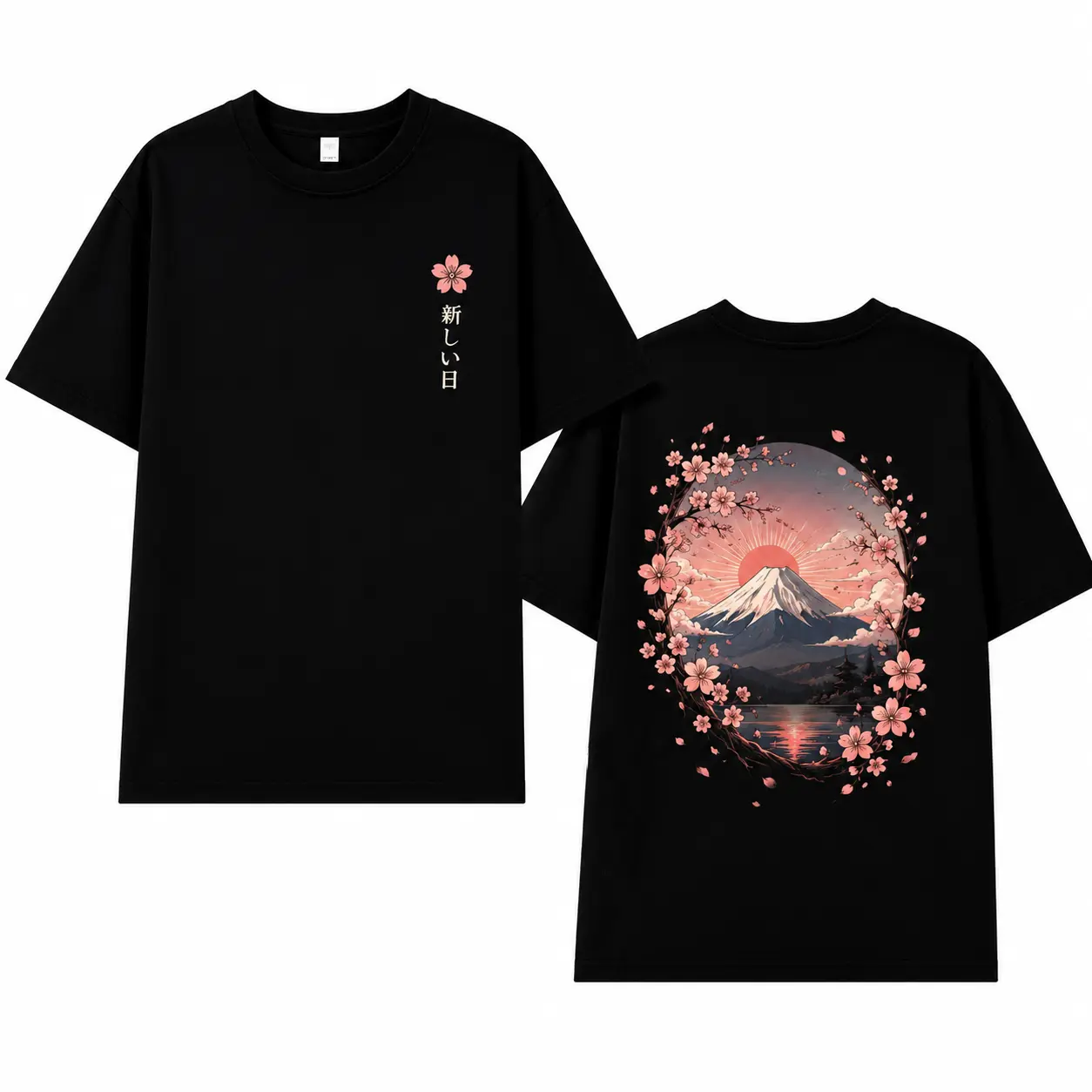 Unisex Mount Fuji Cherry Blossom Sunrise Double Sided Print T-Shirt, Japanese New Day Kanji Sakura Landscape Oriental Aesthetic Harajuku Streetwear Graphic Tee casual top trending menswear