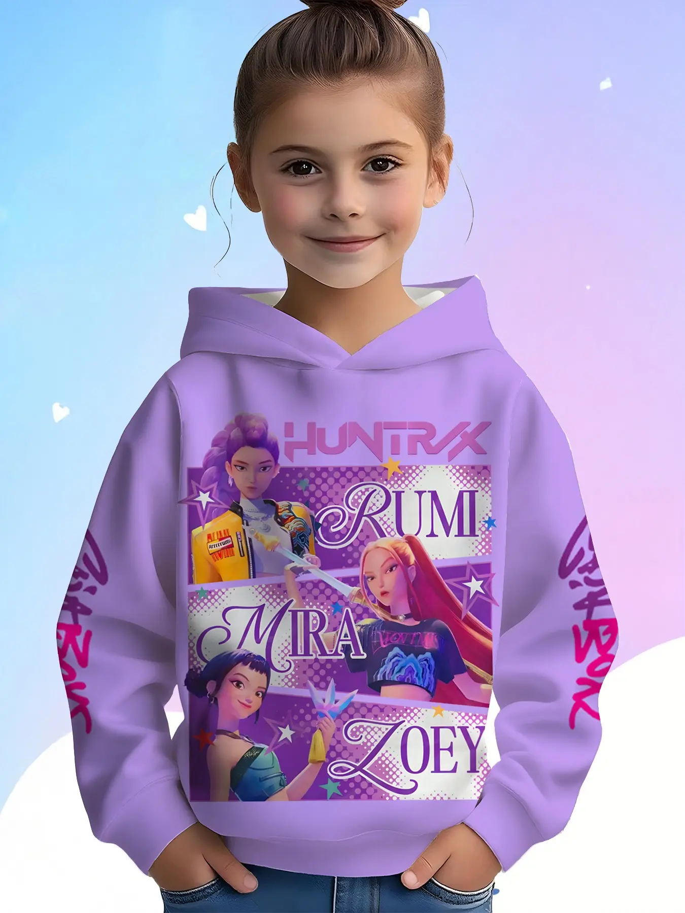 Three-Panel Girls' Hoodie, Rumi/mira/zoey Star Pattern, Loose-Fit Long Sleeve, Fall&winter Casual Sweatshirt, Anime Fan Gift