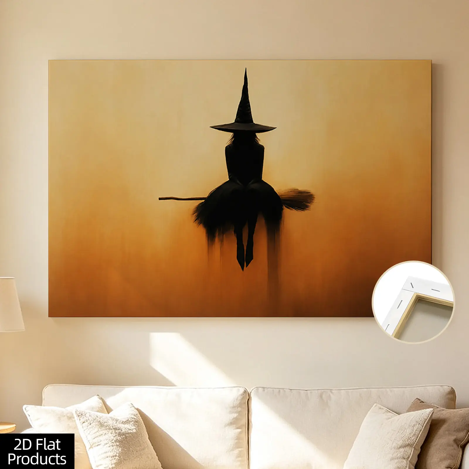 2D Flat Witch Silhouette Canvas Painting - Halloween Aesthetic Spooky Vibe Witch Theme Art with Orange Gradient Mysterious Background, Home Decor for Halloween Parties, Bedroom Wall Decoration, Silhouette Art